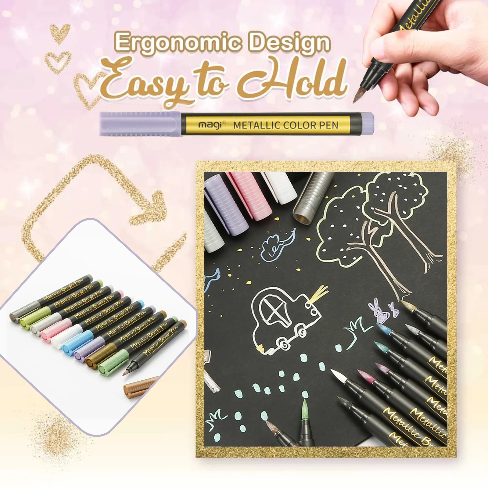 

Glitter Paint Marker 10-Pack Water-based Paint Pen Soft Tip Brush Marker Pen for Writing Drawing