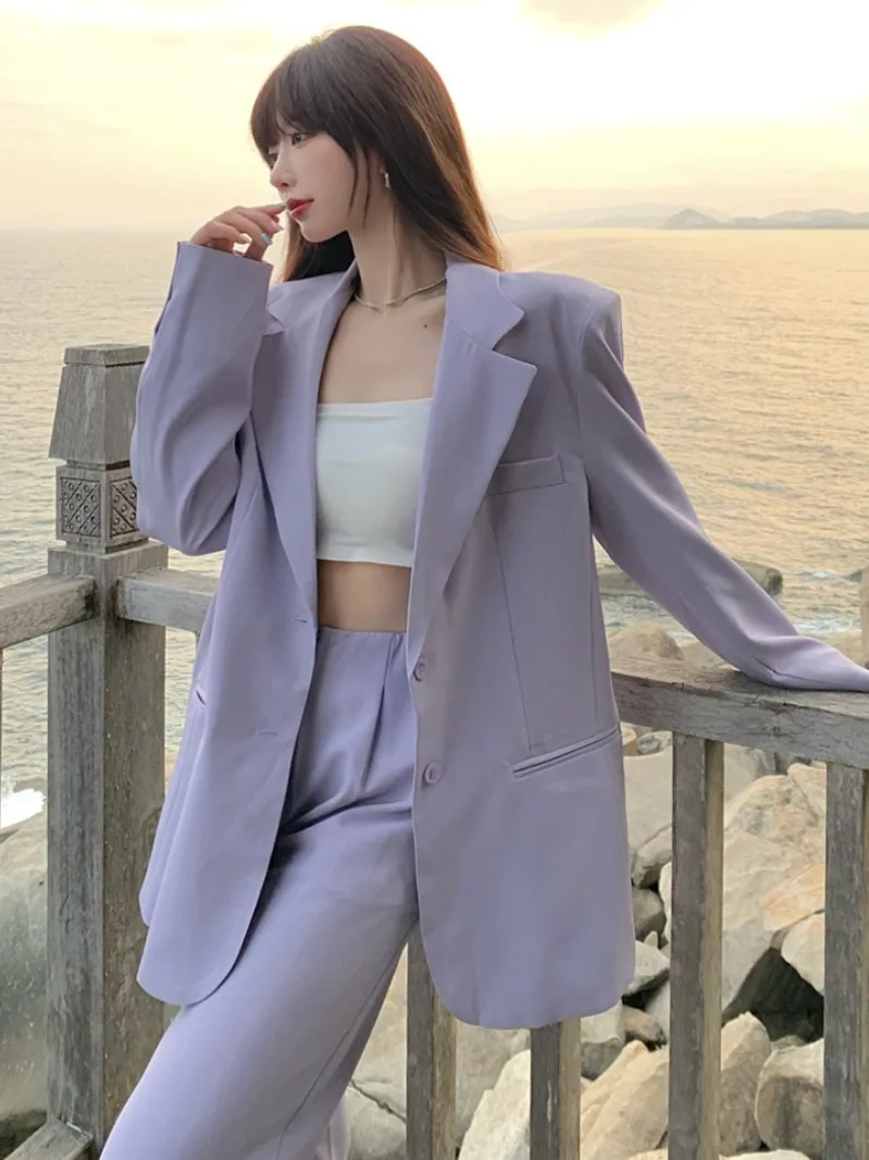

2 Piece Set Small Suit Jacket Women's Mid-length Purple Loose British Style Thin Suit Jacket 2021 Summer New Style Blazer Suits