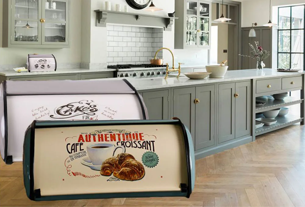 

French Vintage Stainless Steel Bread Box Metal Bread Bin Blue Small Powder Coated Bread Storage Holder for Kitchen Organizer