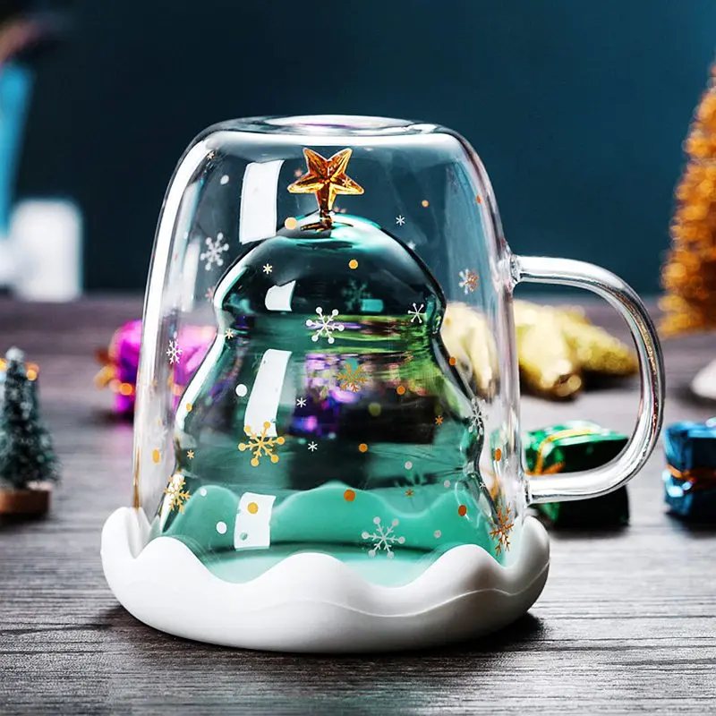 2022 Creative Christmas Mug Glass Christmas Tree Star Cup High Temperature Double Water Cup Party Xmas Gifts Foldable Travel Mug