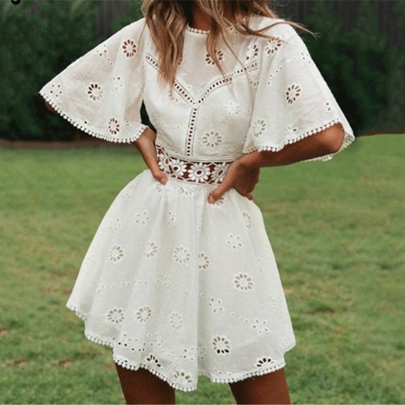 

New Arrivals Sexy White Cotton Dresses Crochet Hollow Out Dress Women Flare Sleeve Cotton Embroidery Mini Dress Summer Day