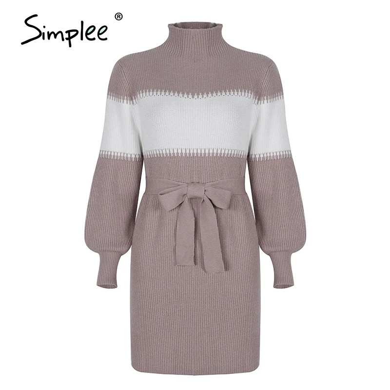

Fashion stripe knitted dress Lace up cosy high neck flared sleeve dress Autumn warm casual short women's dress 2020 new