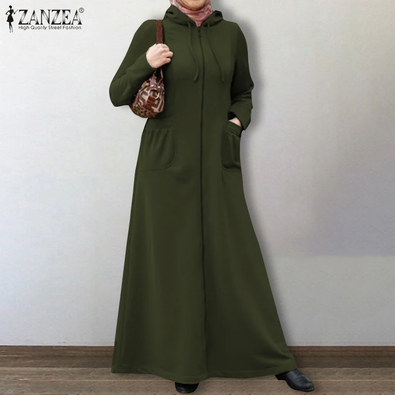 Осень 2022, однотонное платье-свитшот с капюшоном ZANZEA, женское платье с длинным рукавом, повседневное худи, мусульманский хиджаб/кафтан, женск...