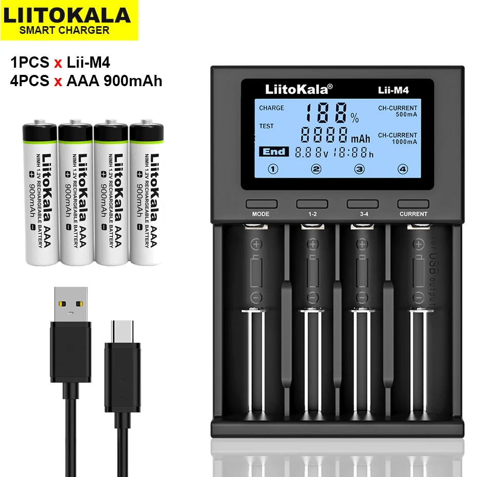 

Умное устройство для зарядки никель-металлогидридных аккумуляторов от компании LiitoKala: Lii-M4 18650 литий-ионная батарея смарт Зарядное устройст...