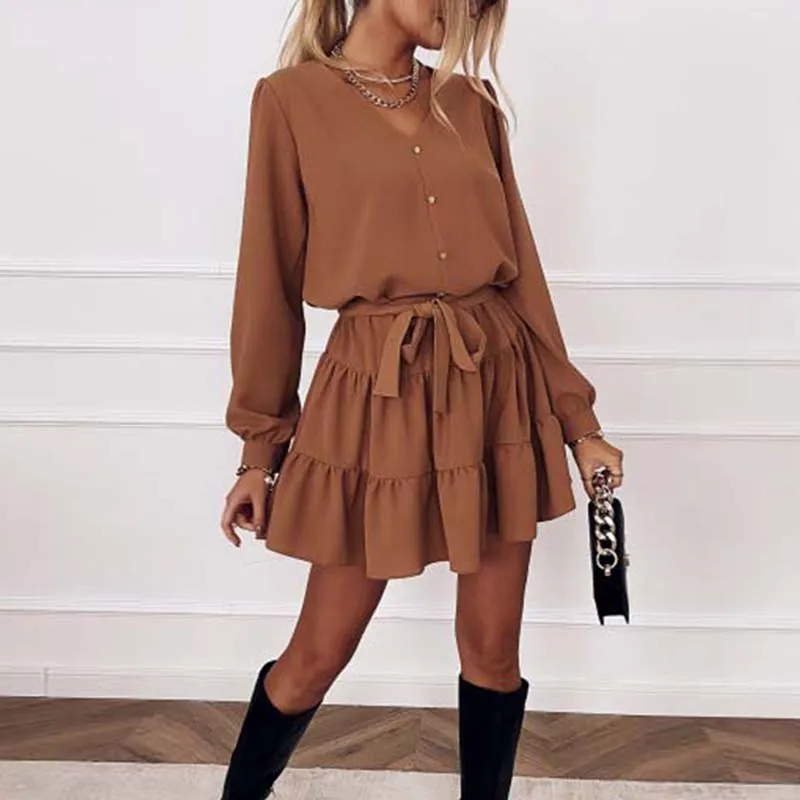 

Весеннее платье с длинными рукавами с оборками, платье для женщин, однотонная жилетка с v-образным вырезом, повседневное свободное мини плат...