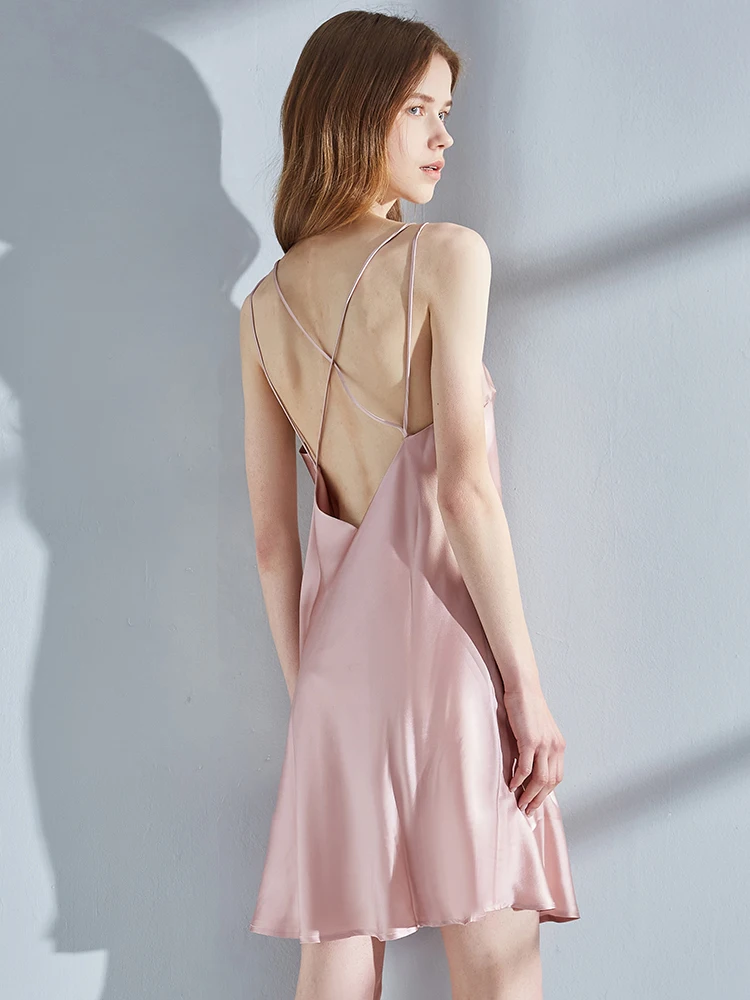 100% Silk Nightgowns Women Pink Nightwear Sexy Night Dress Bedgown Sleeveless Nighties V-neck Natural Silk Robe Femme Nuisette