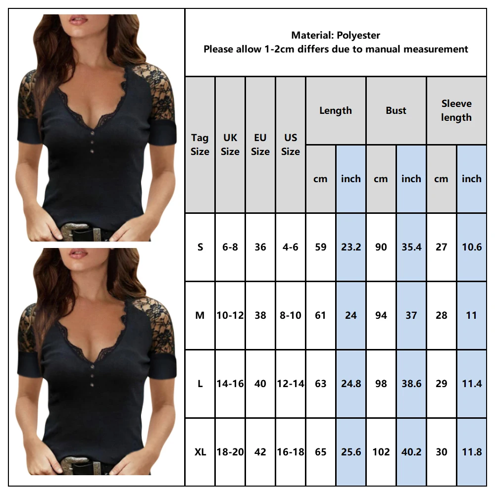 

Ladies Casual Black Tops Sexy V Neck Button Slim Tee Shirt Women Lace Stitching T-shirt Summer Short Sleeve Female Clothing D30