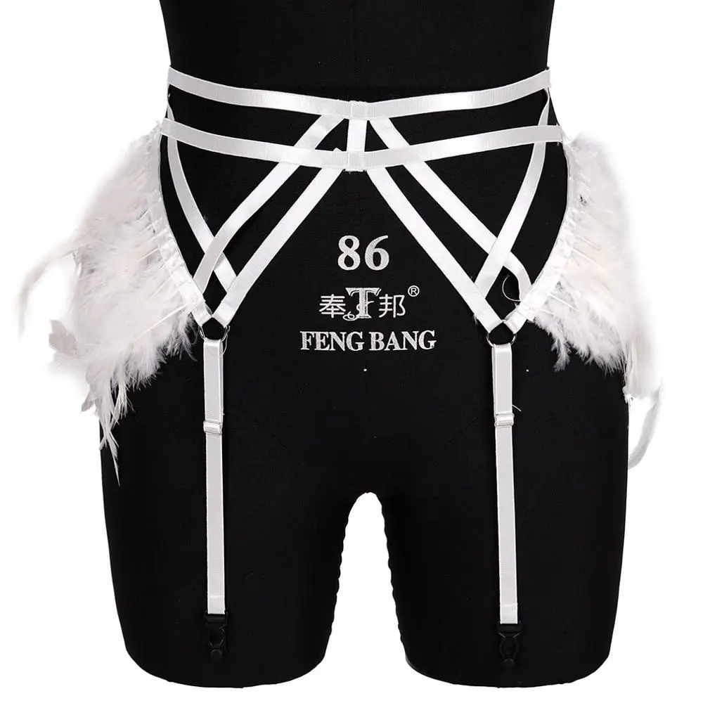 

White Feather Garter Waist Harness Cage Punk Goth Sexy Body Bondage Party Dance Rave Women Strappy Plus Size Suspender Stocking