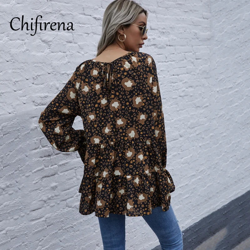 

Chifirena Vintage Leopard Peplum Blouse Women Flare Sleeve Loose Pleated Blusas Female Pullover Spring Black Vacation Tops Woman