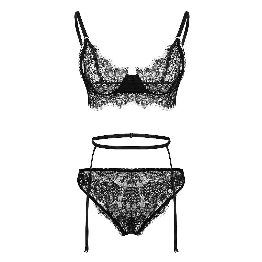 

Women Plus Size Lace Lingerie Bra+Thong+Garter Underwear Set Black Sleepwear Backless Sets Brief Sets Intimates Homewear 0604