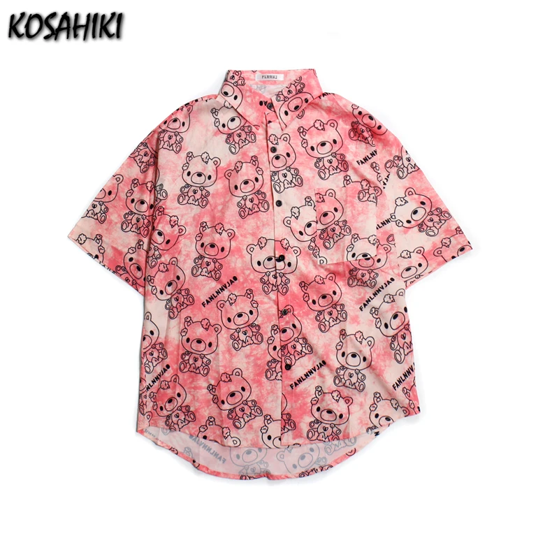 

KOSAHIKI Japanese Harajuku Loose Tie Dye Blouse Bear Print Summer Short Sleeve Shirt Women Men Tops Korean Clothes Blusas 2021