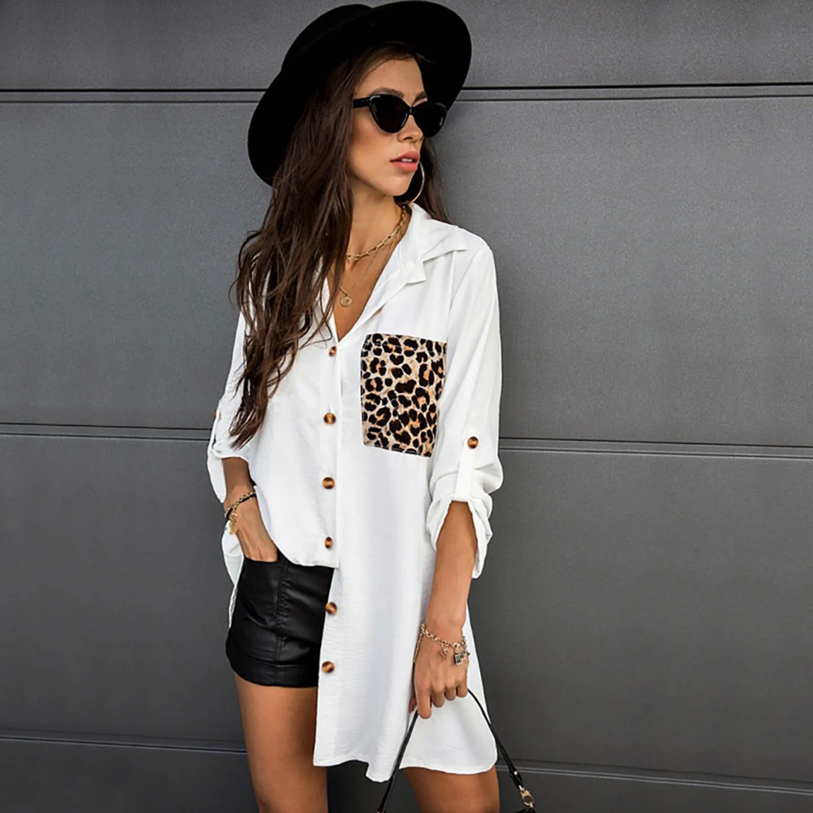 Women Fashion Solid Casual Leopard Printed Pocket Patchwork Turn-down Collar Loose Long Sleeves Shirt Blouse