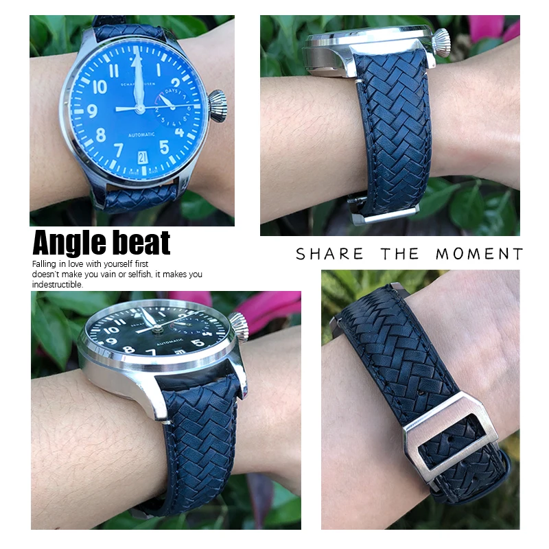 22mm 20mm 21mm Cowhide Woven Watchband Fit for IWC Portugieser Pilot's Watches Portofino IW5007 Blue Soft Leather Watch Strap