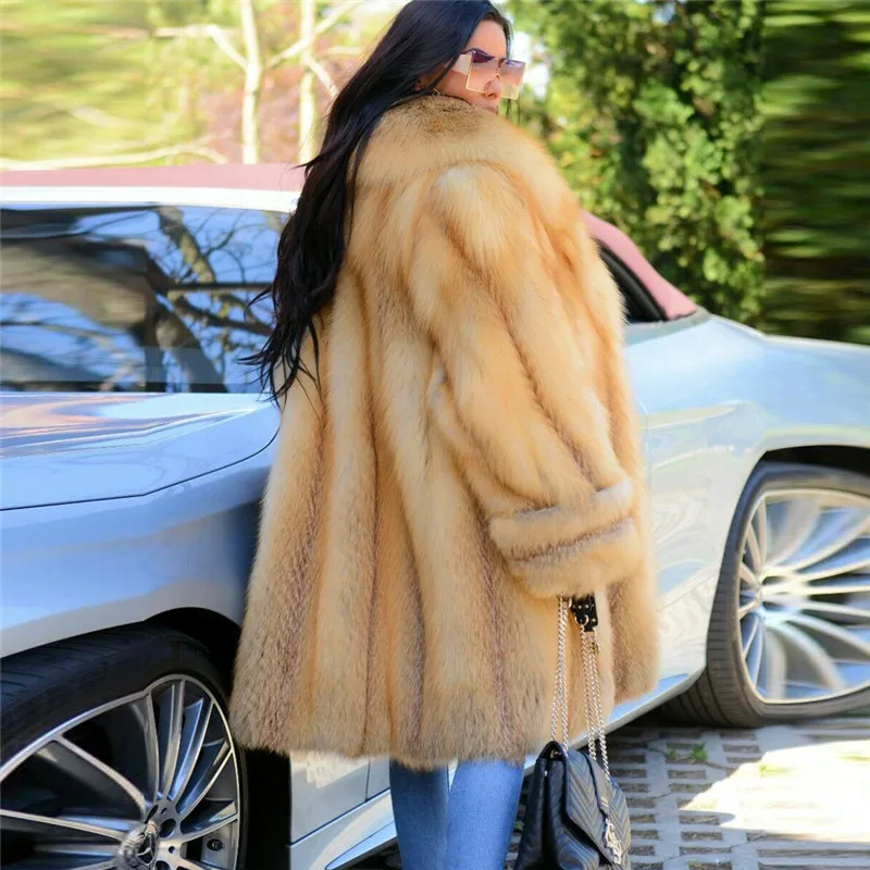 Fashion Genuine Fox Fur Jacket Long With Lapel Collar Whole Skin Natural Fox Fur Coats For Women Luxury Overcoat Russian Winter