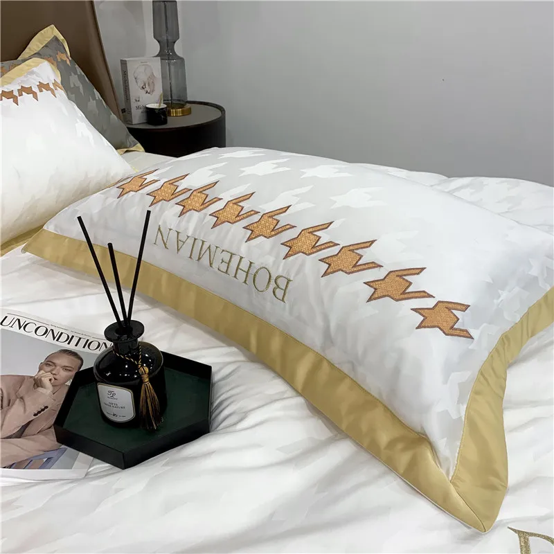 

Luxury White Pink Blue Gray Green Embroidery Cotton Bedding Set Washed Silky Jacquard Duvet Cover Flat/Fitted Sheet Pillowcases