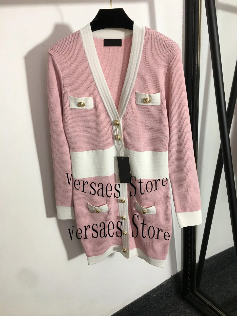 

luxury design high-end color contrast splicing fashion women's long sleeve straight skirt temperament slim V-neck knitted dress