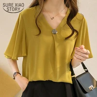 2021 summer new korean loose plus size 4xl ladies tops short sleeve solid color elegant ruffle chiffon blouse women 9312 50