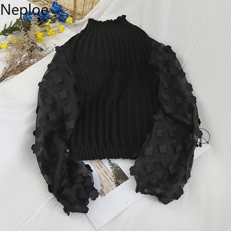 Neploe корейский контрастный цвет Аппликации патч Сетчатое платье-фонарь рукав