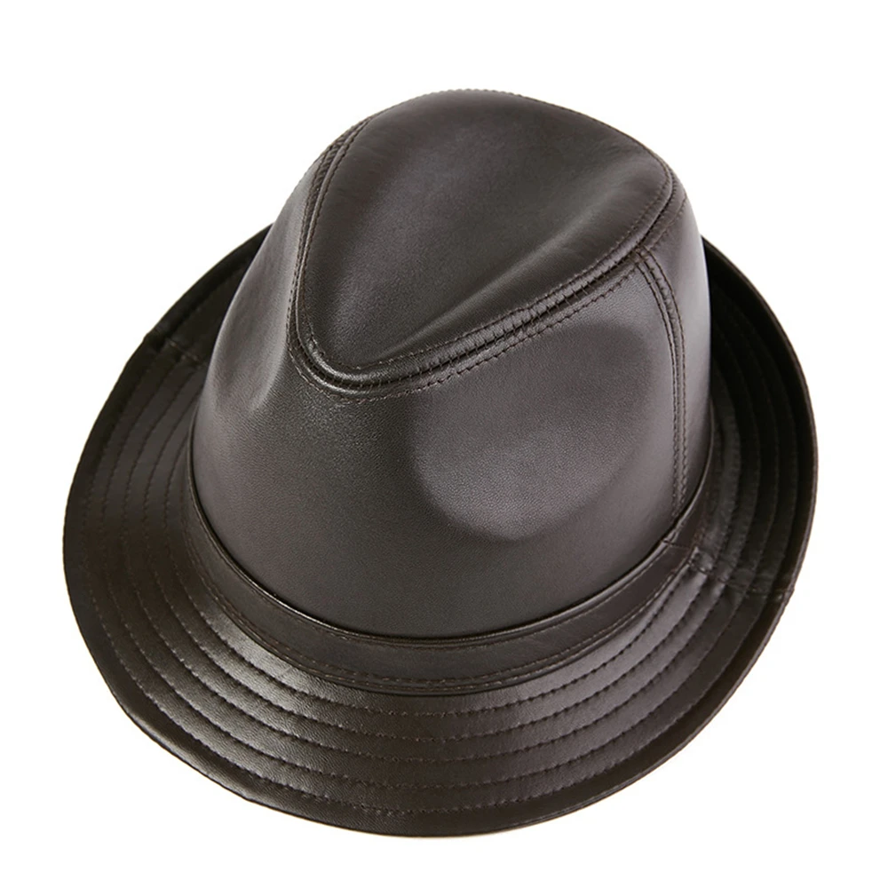 BUTTERMERE Шляпа Fedora натуральная кожа джаз шляпа мужская осень зима овчина британский стиль мужская коричневая черная плоская кепка - Цвет: deep brown