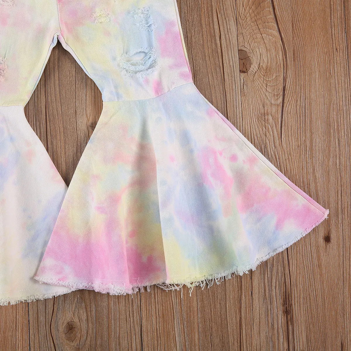 

2020 Fashionable Kids Baby Girls Flare Pants Tie-Dye Printed Denim Elastic High Waist Children Ripped Hole Trousers Pants 2-7T