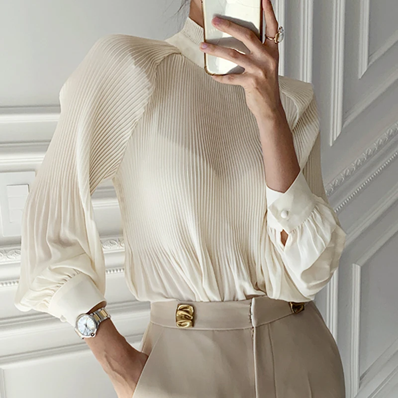

Elegant Chic Stand Collar Women Solid Shirts Blouses 2021 Spring Ladies Tops Long Sleeve Pleated Loose Female Blouses