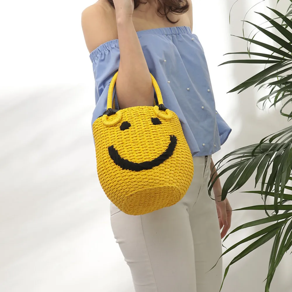 

2021 New women Straw HandBag Smiley Bucket Bag Summer Hand Woven Bag Fashion Beach Bag