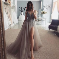 beading prom dresses long v neck light gray high split tulle sweep train sleeveless evening gown a line backless vestido de