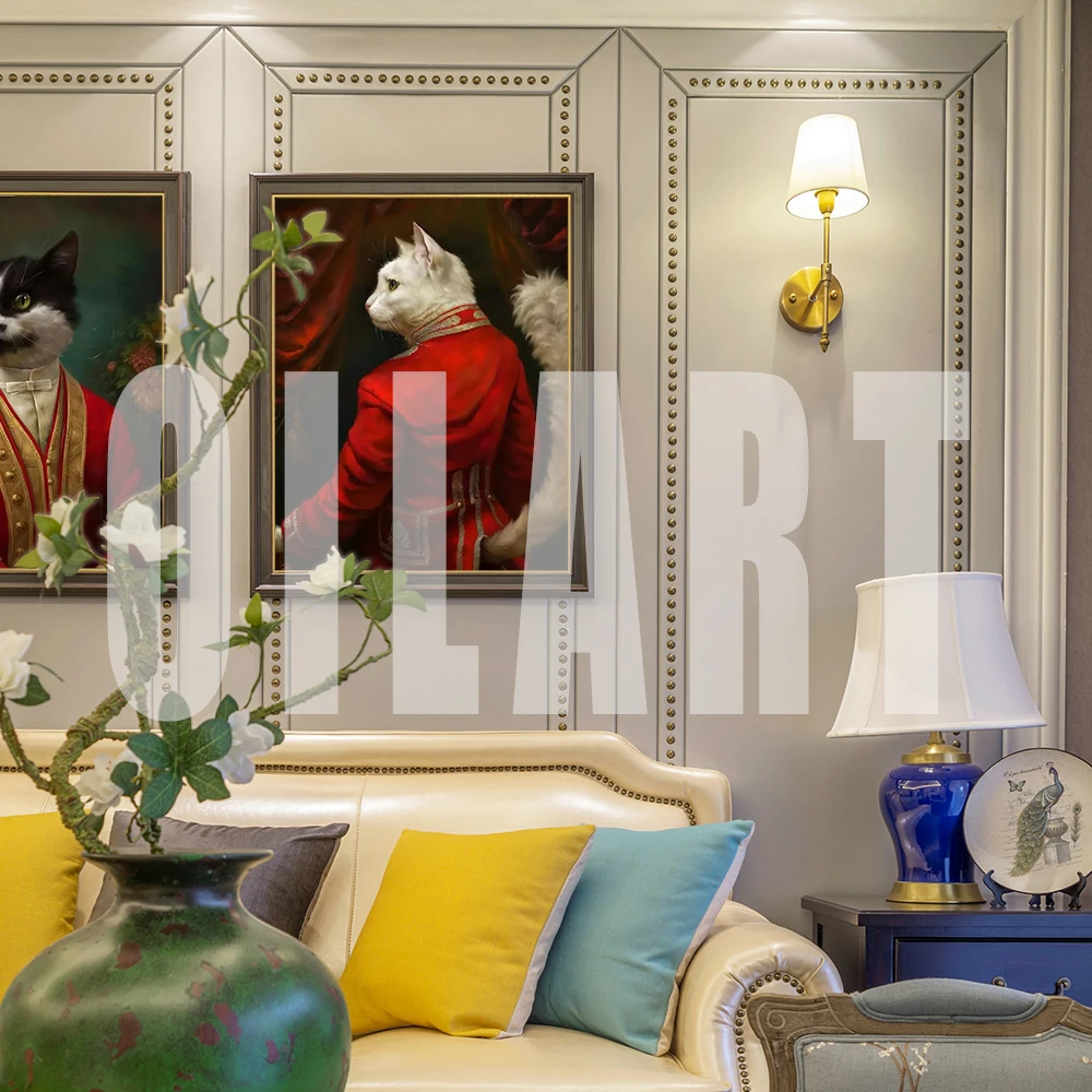 

The Black Cat Wear Vintage Clothes Red Blue Living Room Decoration Home Wall Classic Oil Painting Hand Painted on Canvas