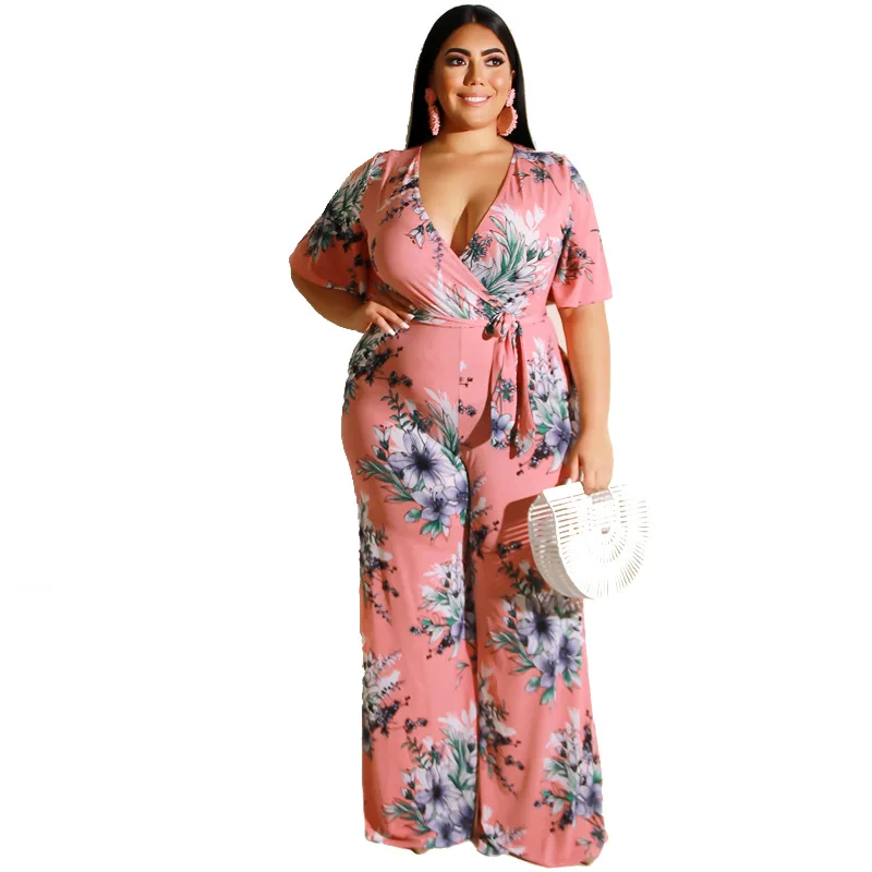 

Plus Size Summer Women's Casual Style Straight Jumpsuit Long Pant Short Sleeves Sexy V-neck Snakeskin Jumpsuit With Belt