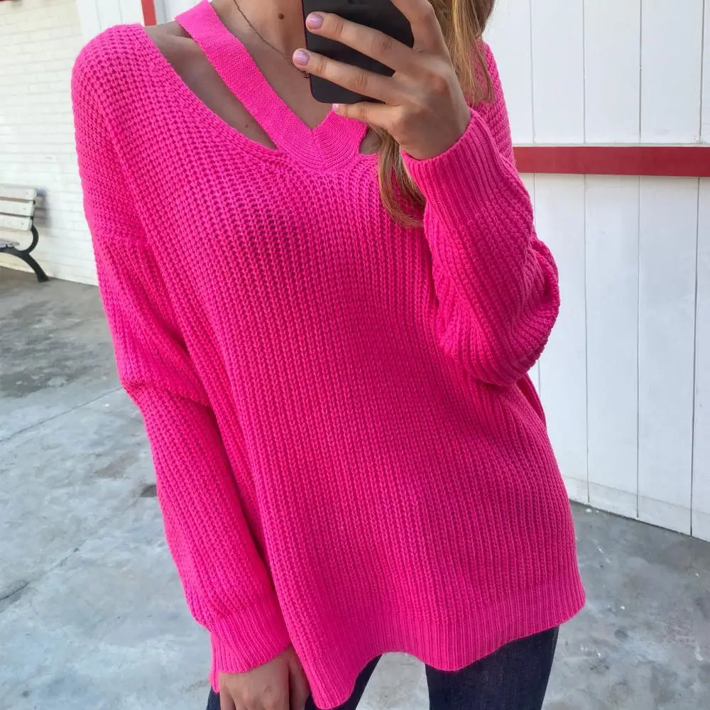 

Jumper Hollow Knitwear V Neck Sweater Women Autumn Long Sleeve Fashion Loose Female 2020 Winter Out Jumper- Rose Red Green Stree