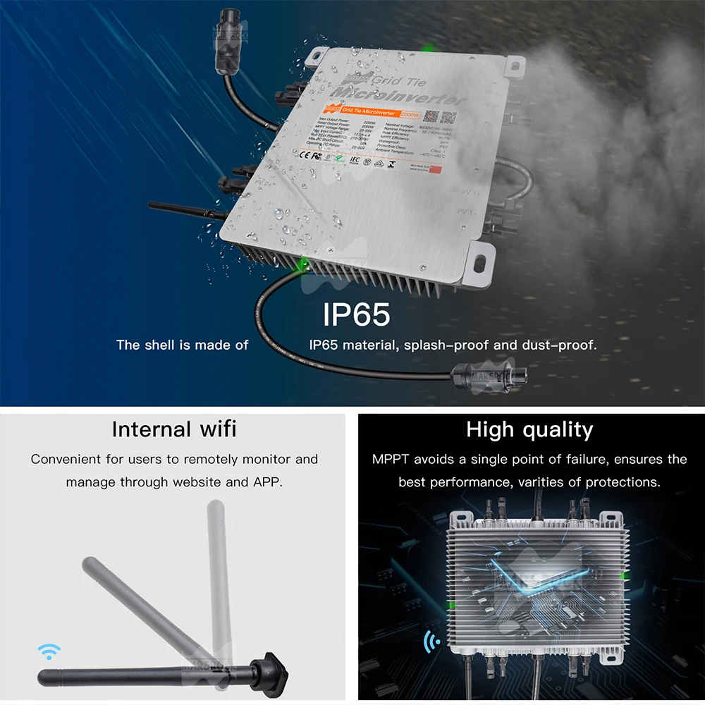 Отправка из Бразилии 2000 Вт Φ Micro MPPT On Grid Tie 20-60V DC to AC 184-265V IP67 Водонепроницаемый WiFi