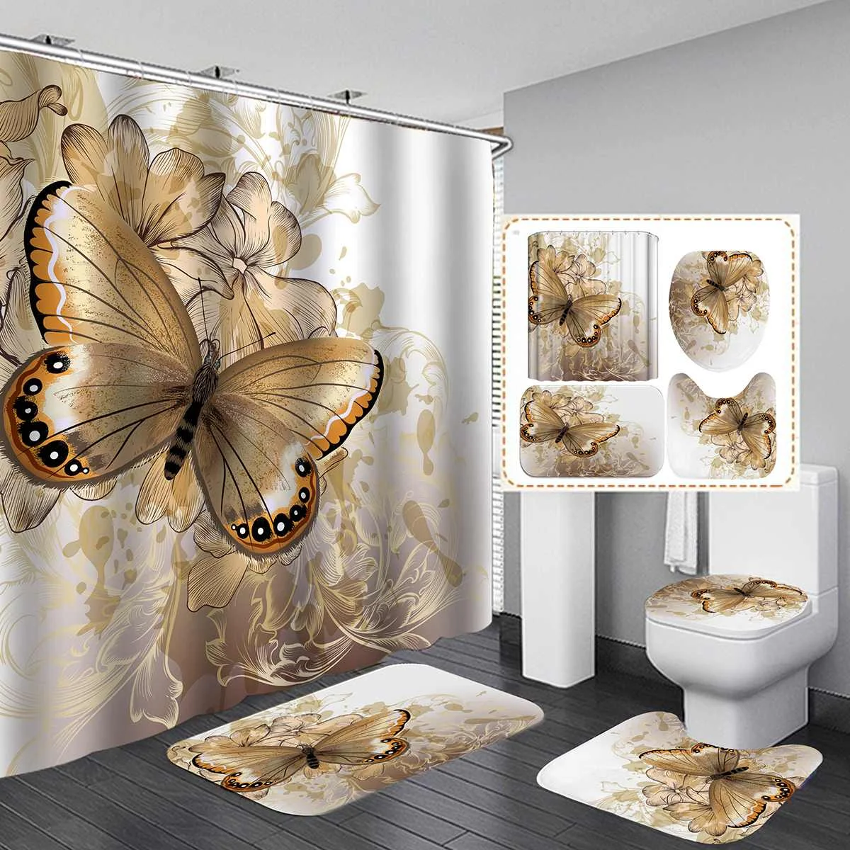 

Butterfly Bath Shower Curtain Polyester Waterproof Bathroom Curtain Carpet Rugs Set Non-slip Kitchen/Bath Mat