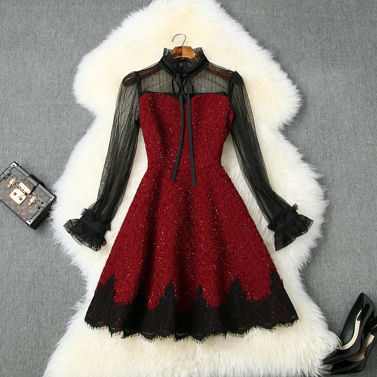 

European and American women's clothing 2020 spring new Horn long sleeve lace stand collar Bright silk Fashion dress