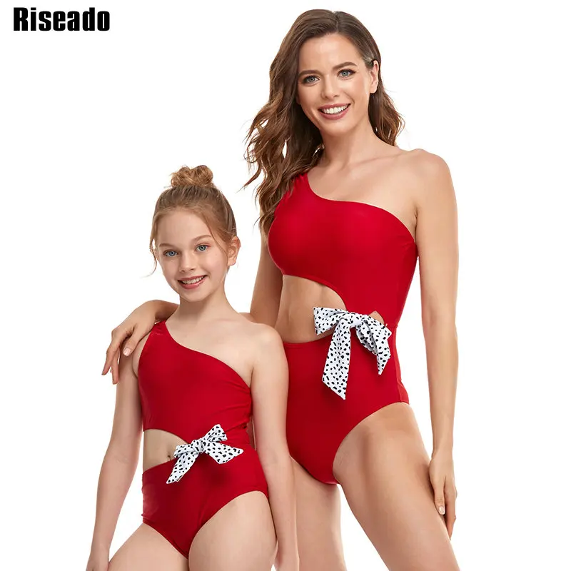 

Riseado One Shoulder One Piece Swimsuit Cut Out Swimwear Women Bow Swimming Suit Parent-child Beachwear Sexy Bodysuit Summer