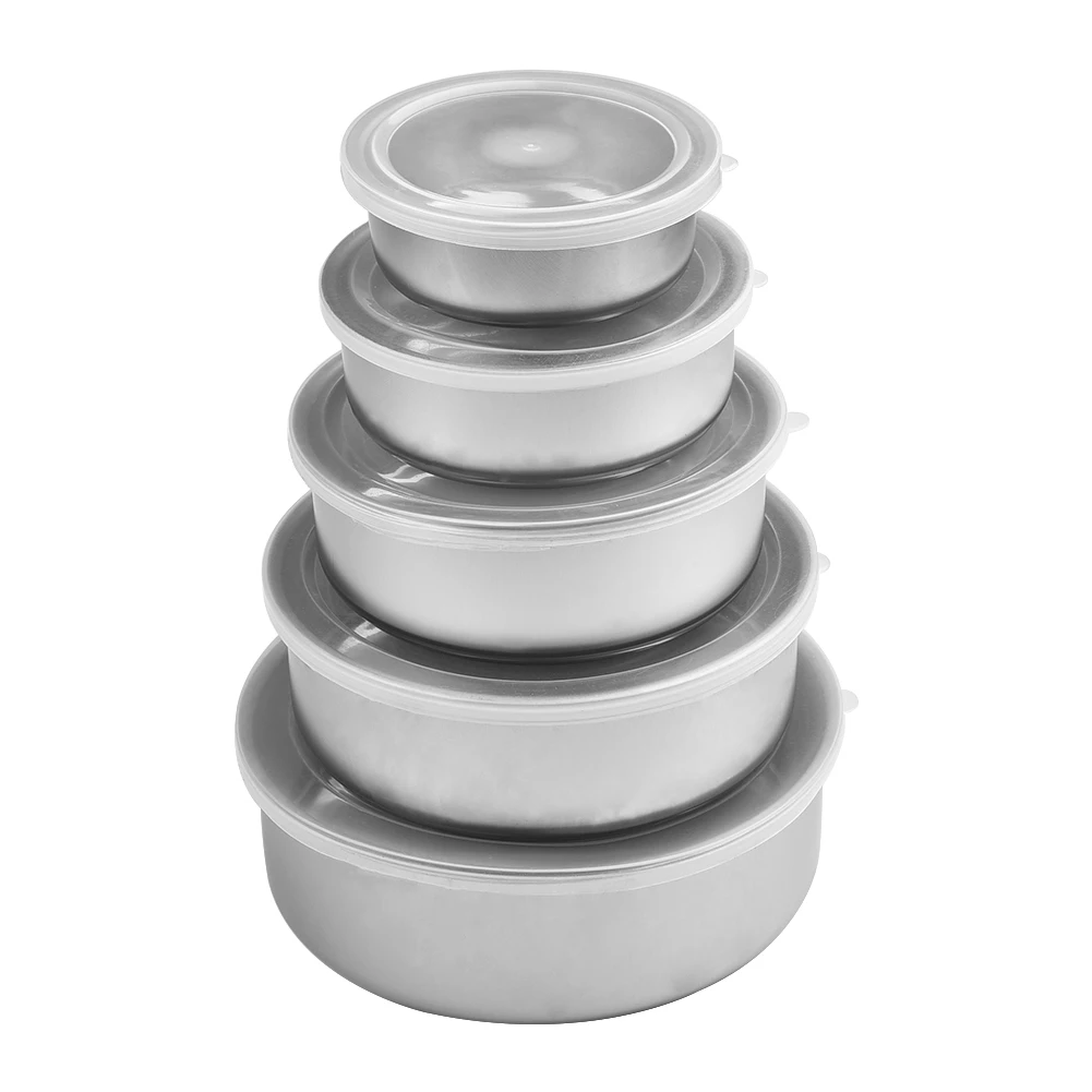 

5pcs/set Stainless Steel Food Storage Bowls Silver Fresh-keeping Boxes With Clear Plastic Lids 10cm / 12cm / 14cm / 16cm / 18cm