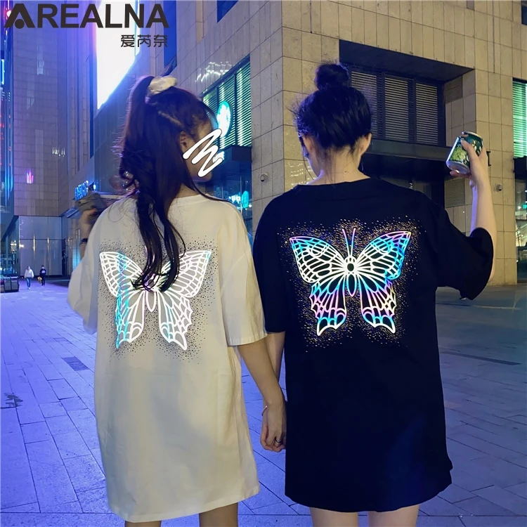 

Хлопковая футболка женская летняя обувь Harajuku футболка femme размера плюс флуоресценции бабочками; Топ; Белая женская футболка друзья футболк...