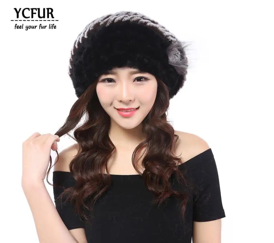 black brown Yc меховые зимние береты для женщин, вязанные настоящий мех кролика, шапки, шапки с мехом серебристой лисы, теплые мягкие меховые шапки с цветком, женские береты - Цвет: black brown