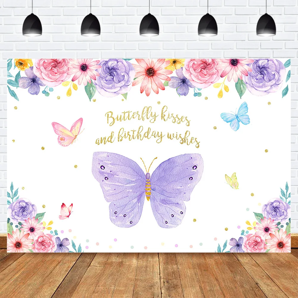 

Butterfly Kisses and Birthday Wishes Backdrop for Photography Colorful Butterflies Girl Newborn Dessert Table Background Flowers