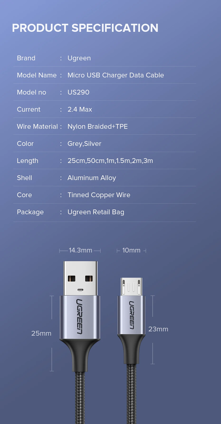 Ugreen Micro USB Кабель 2.4A Нейлоновый Шнур для Зарядки Телефона USB-кабель Провод для Быстрой Зарядки для Samsung s Huawei Xiaomi HTC LG Планшет Android зарядное устройство для телефона Кабель Micro USB