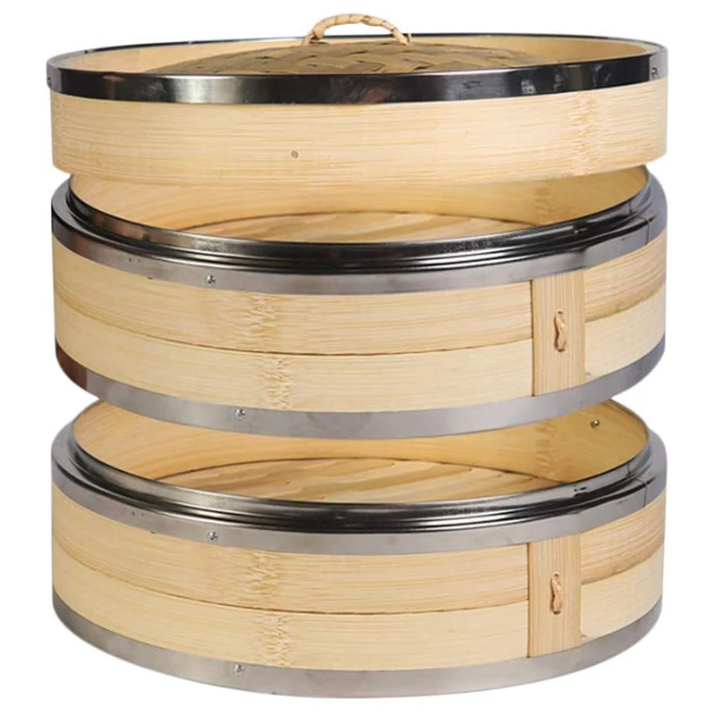 

2 Tier Kitchen Bamboo Steamer with Double Stainless Steel Banding for Asian Cooking Buns Dumplings Vegetables Fish Rice