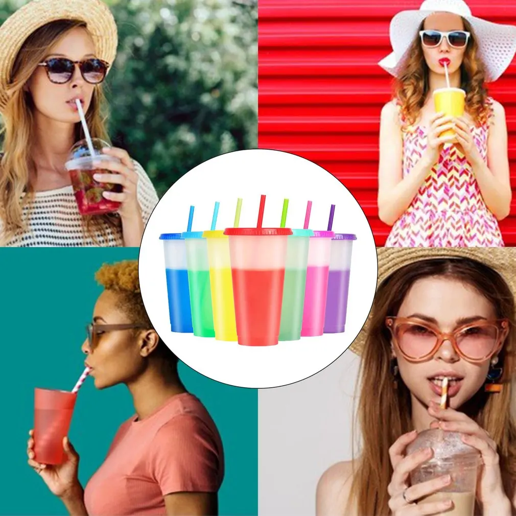 

1pc Cold Water Color Changing Cups With Lids Straws Reusable Bulk Tumblers Plastic Bottle Drinkware Cup