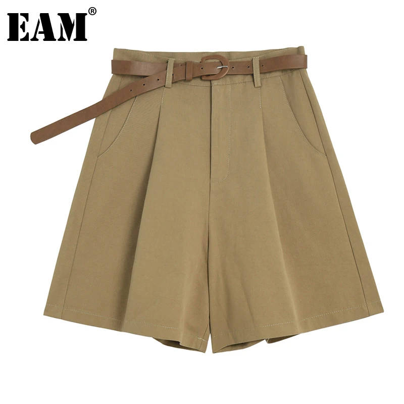 

[EAM] Women Khaki Pleated Spliced Wide Leg Shorts New High Waist Loose Fit Trousers Fashion Tide Spring Summer 2021 1DE0508