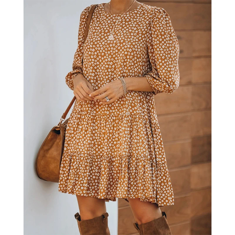 

Women Polka Dot Print Ruffles Dress Spring Autumn 3/4 Puff Sleeve O-Neck Party Vestidos Bohemian Casual Short A-Line Mini Dress