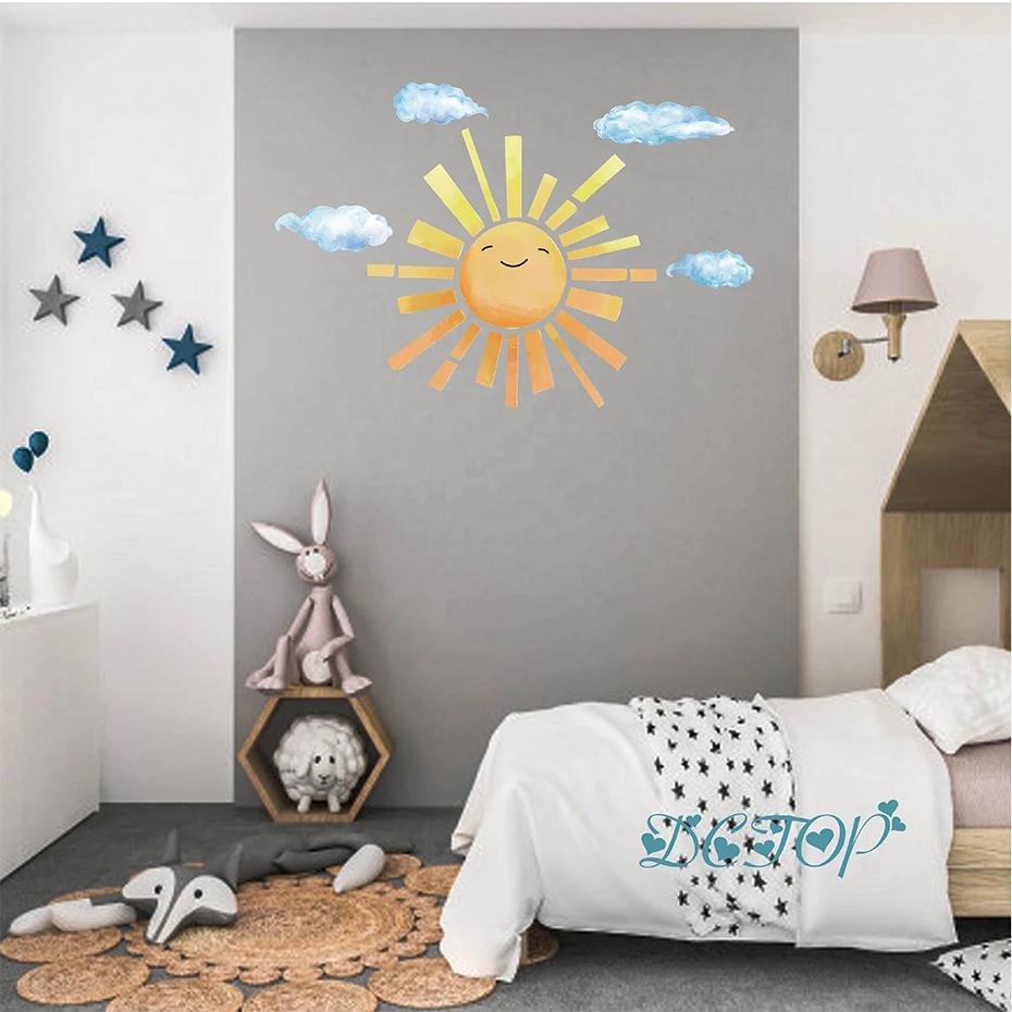 Мультяшный питомник милый солнце и стикер с облаками настенная наклейка DIY для