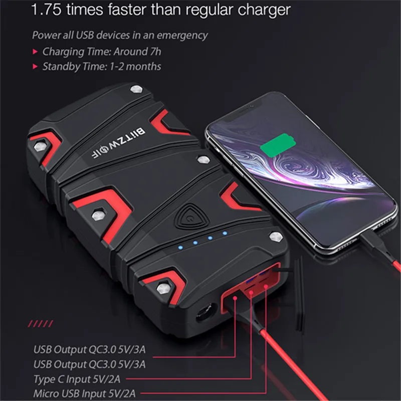 BlitzWolf BW JS1 Портативный автомобиль скачок стартер 12000 мАч 800A аварийный усилитель