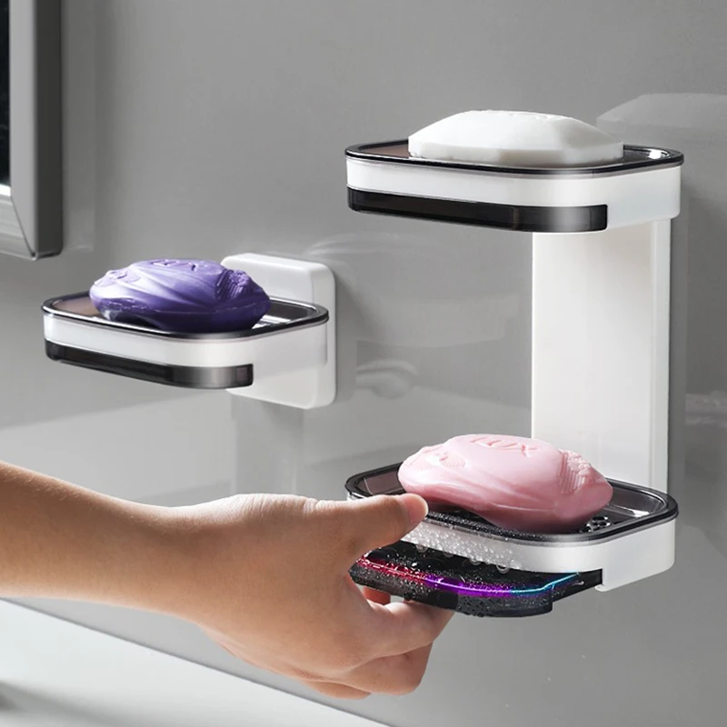 Wall Mounted Double Layer Soap Dish Punch-Free Drawer Draining Holder Kitchen Sponge Storage Box Bathroom Organizer Rack Shelves | Дом и сад