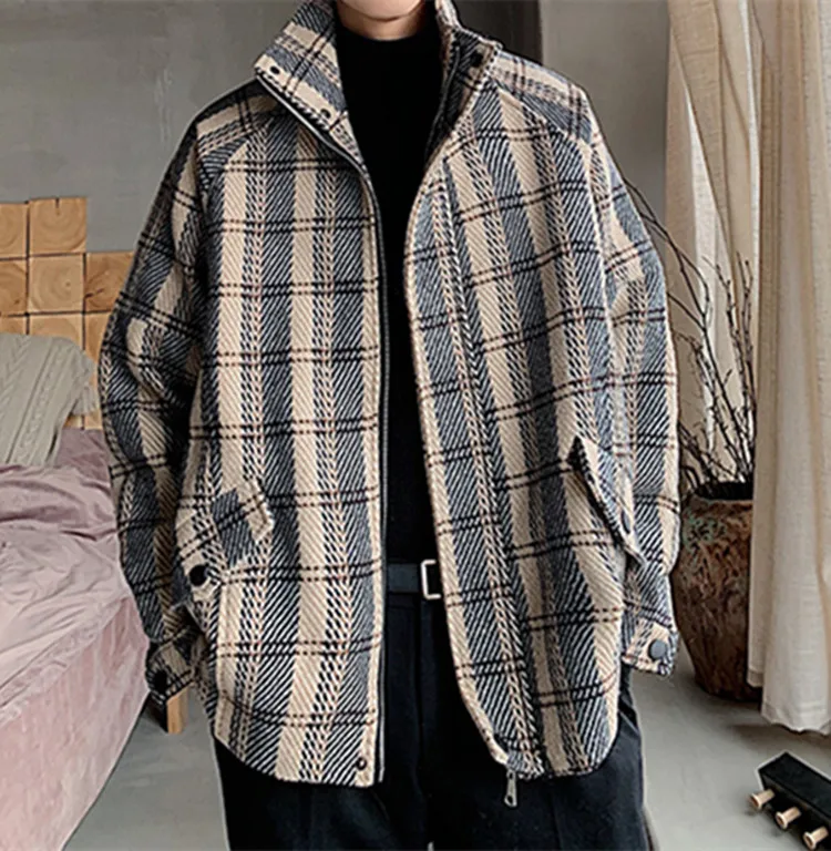 

Men's Spring Autumn Vintage Woolen Plaid Jacket Outwear Loose Top Coat Clothes Overcoat Streetwear