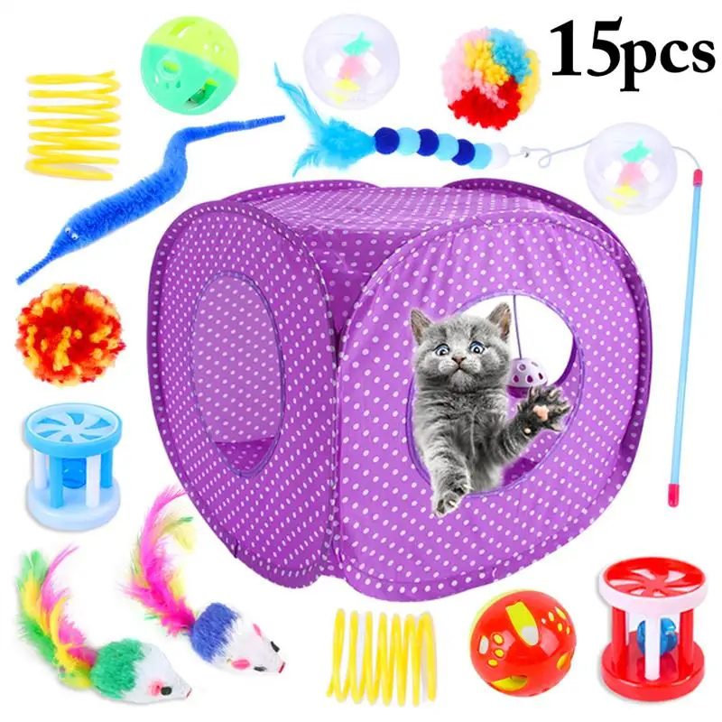 

15PCS Funny Cat Toys Set Interactive Cat Teasing Ball With Bells Multifunctional Pet Tent Kitten Playing Toy Sets Accessories