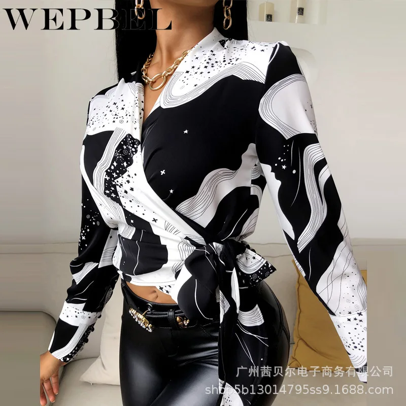

WEPBEL Women Elegant Star Print Shirt Crop Top Casual Ladies Long Sleeve V Neck Bow Tie Blouse