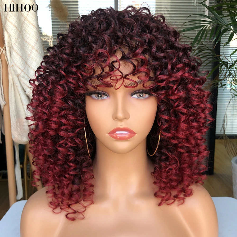 

Afro Kinky Curly Wig With Bangs Short Synthetic Wigs For Black Women Omber Brown Blonde Glueless Cosplay Hair High Temperature